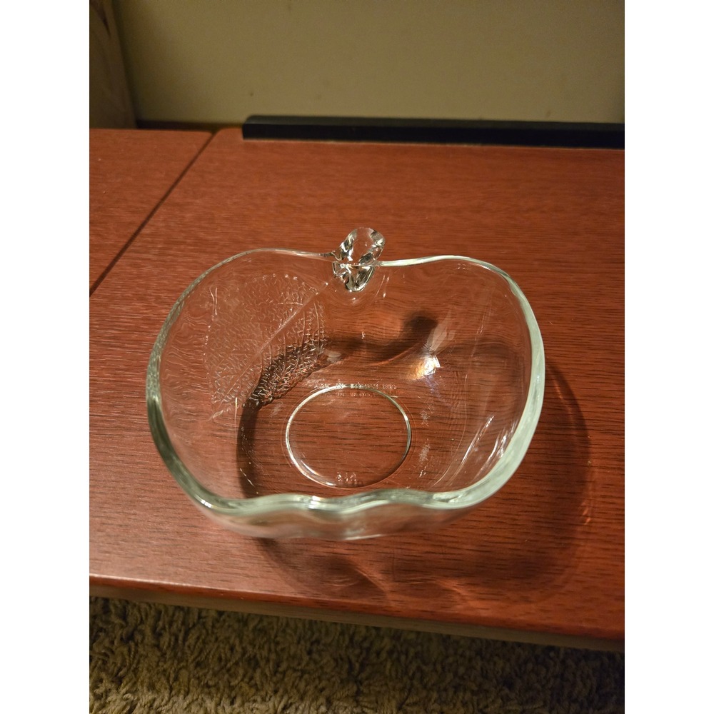 Vintage Clear Glass Apple Shaped Small Bowl with Embossed Leaf Design Indonesia